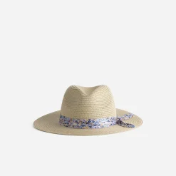 Chapeau beige effet paille foulard imprimé bleu^Eram Sale