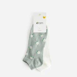 Chaussettes courtes écrues et vertes motif fleurs^Eram Clearance
