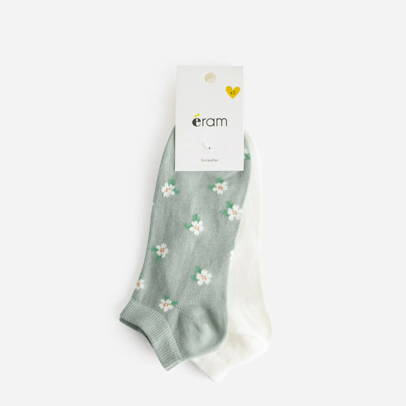 Chaussettes courtes écrues et vertes motif fleurs^Eram Clearance