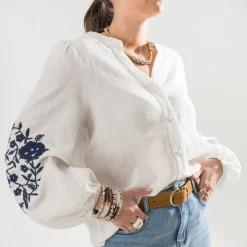 Chemise écrue broderies marine^Texto Clearance