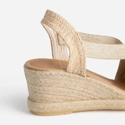 Espadrille compensée beige et camel pailleté or en toile^Eram