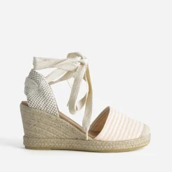 Espadrille compensée écrue toile rayée corail^Eram Outlet