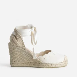 Espadrille compensée écrue toile brodée^Eram