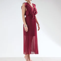 Robe longue rouge foncé plissée^Texto Sale
