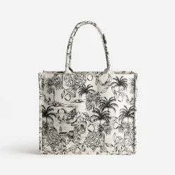 Sac cabas beige jacquard motif villages^Texto New