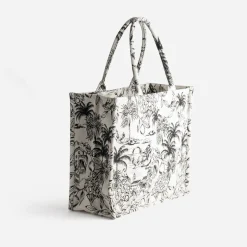 Sac cabas beige jacquard motif villages^Texto New