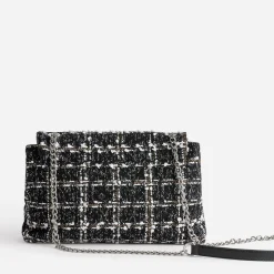 Sac noir textile façon tweed à carreaux^Texto Online