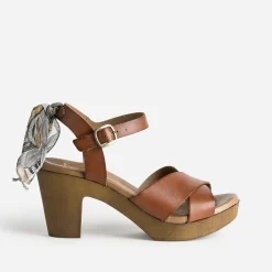 Sandale cognac en cuir éco-conçu détail foulard^Eram Online