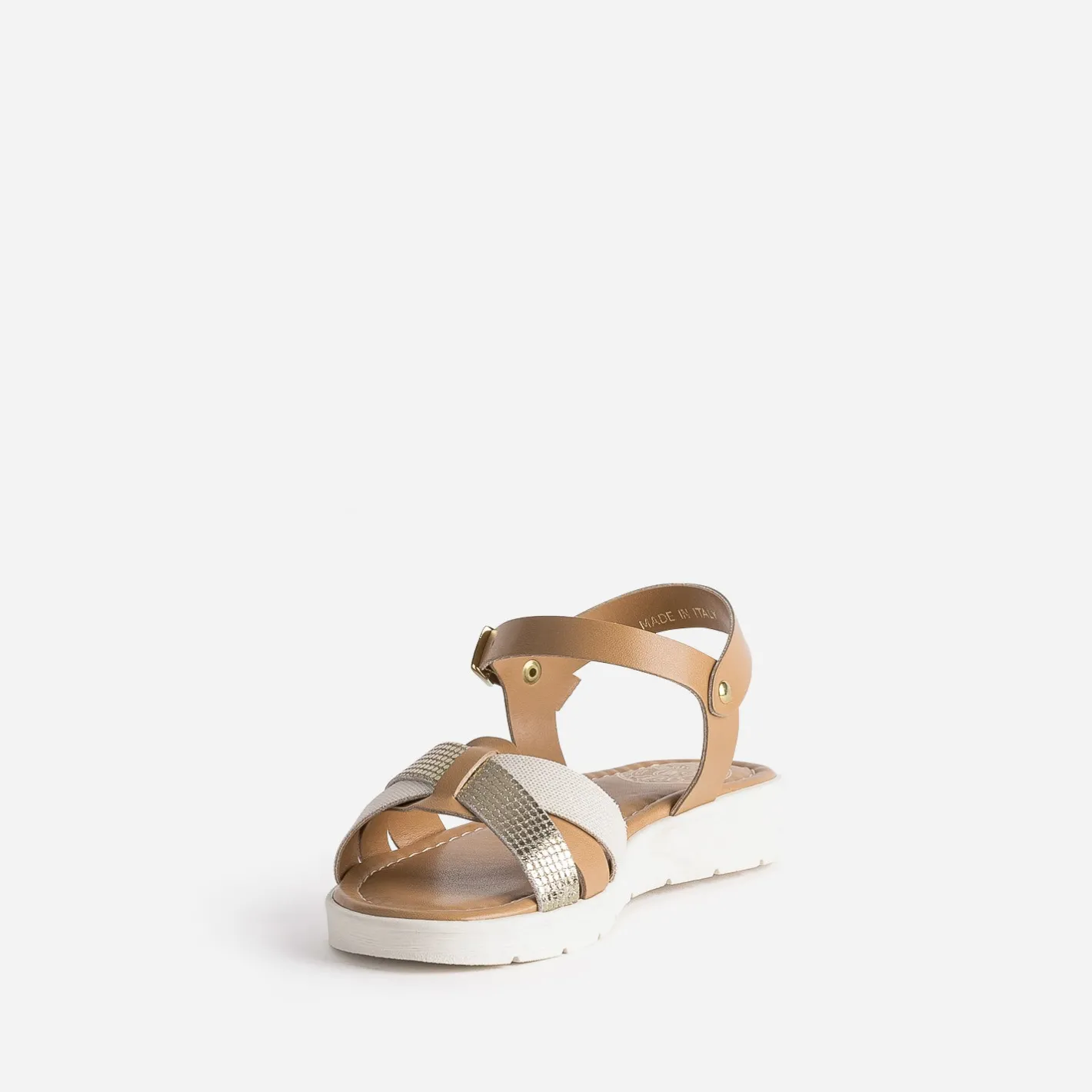 Sandale compensée camel et dorée en cuir^Buggy Online