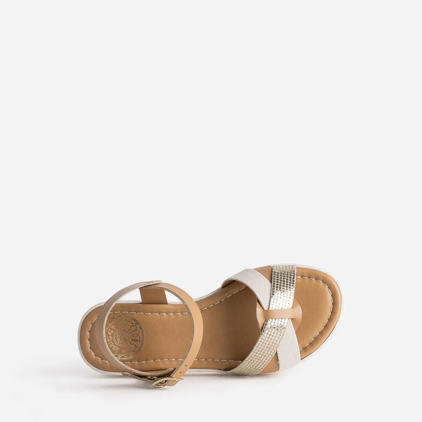 Sandale compensée camel et dorée en cuir^Buggy Online