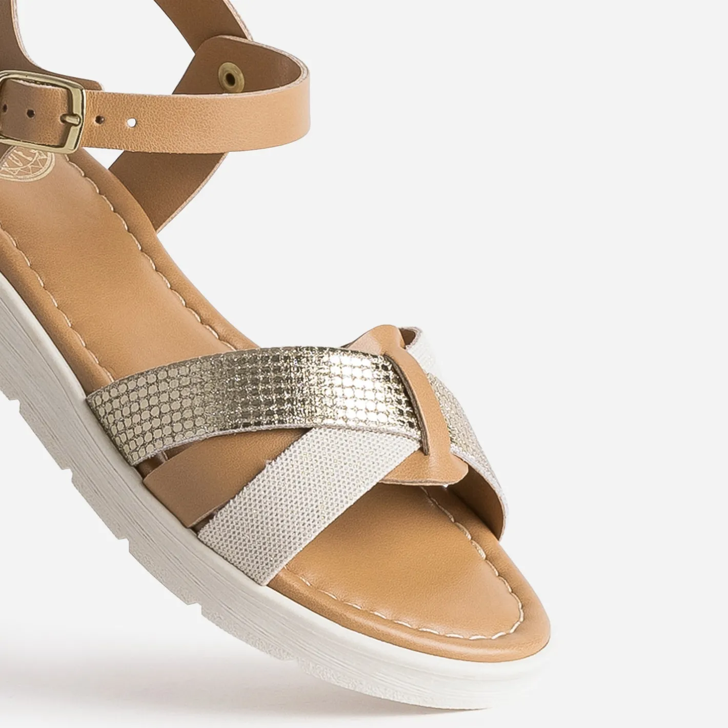 Sandale compensée camel et dorée en cuir^Buggy Online
