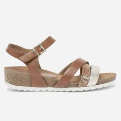 Sandale compensée cognac et doré en cuir^Caprice Outlet