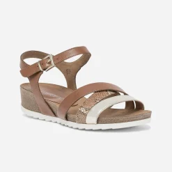Sandale compensée cognac et doré en cuir^Caprice Outlet