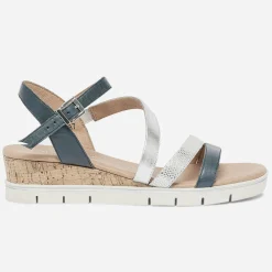 Sandale compensée bleu grisé et argent en cuir^Caprice Sale