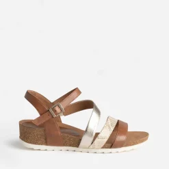 Sandale compensée camel et doré en cuir^Caprice Online