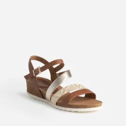 Sandale compensée camel et doré en cuir^Caprice Online