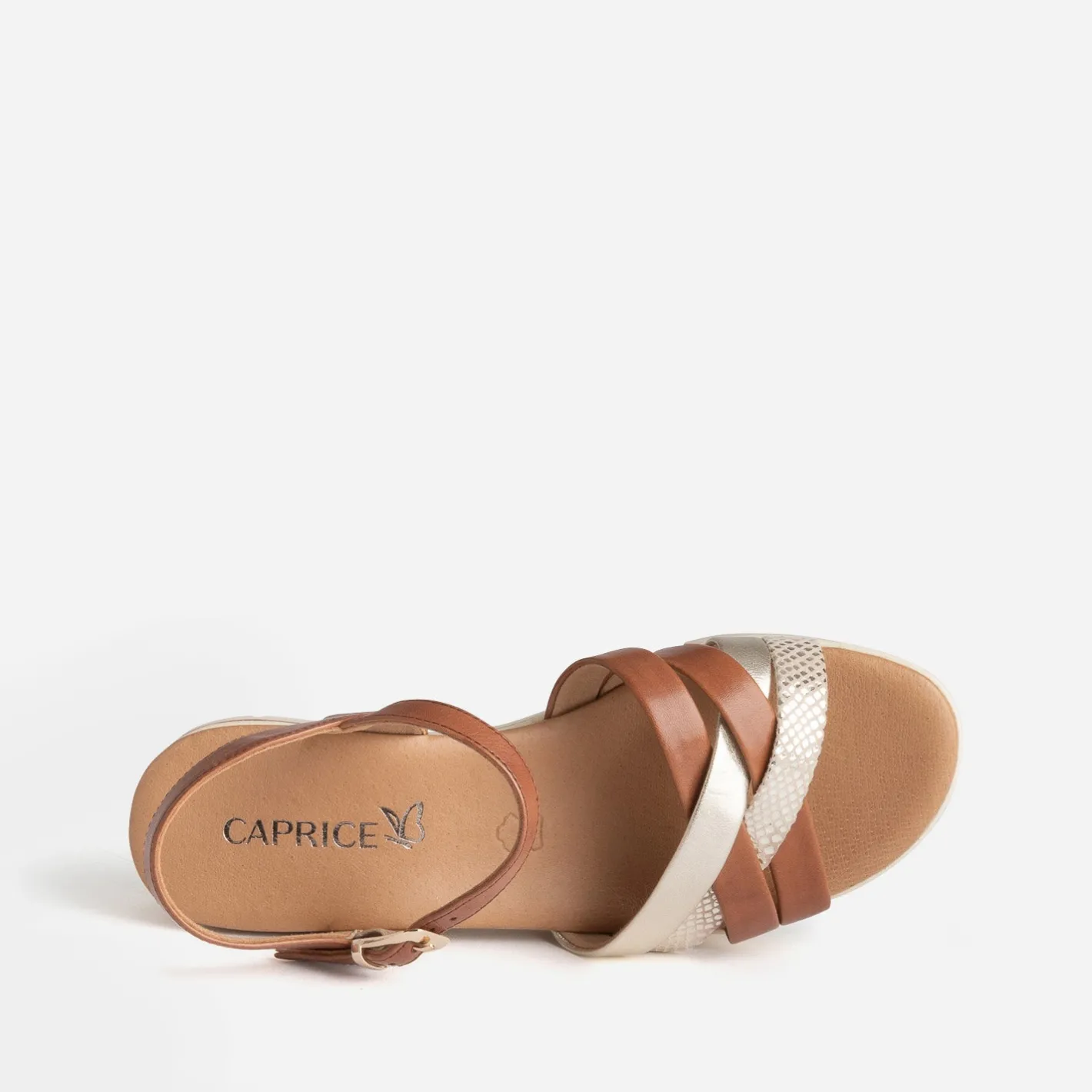 Sandale compensée camel et doré cuir^Caprice