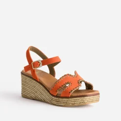 Sandale compensée cuir velours tressé doré^Eram New