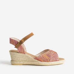 Sandale compensée prune, corail, écru en toile tressée^Eram Outlet