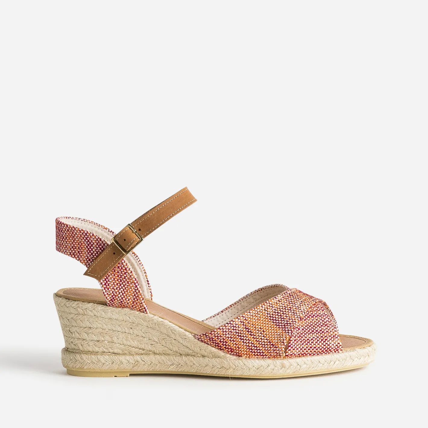 Sandale compensée prune, corail, écru en toile tressée^Eram Outlet