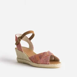 Sandale compensée prune, corail, écru en toile tressée^Eram Outlet