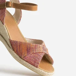 Sandale compensée prune, corail, écru en toile tressée^Eram Outlet