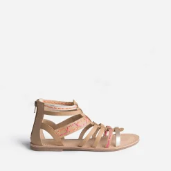 Sandale spartiate beige en cuir broderies raphia^Buggy