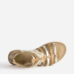 Sandale spartiate camel et doré en cuir avec galon frangé^Buggy Best