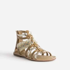Sandale spartiate camel et doré en cuir avec galon frangé^Buggy Best