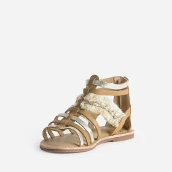 Sandale spartiate camel et doré en cuir avec galon frangé^Buggy Best