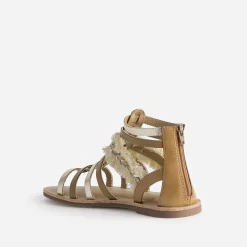 Sandale spartiate camel et doré en cuir avec galon frangé^Buggy Best