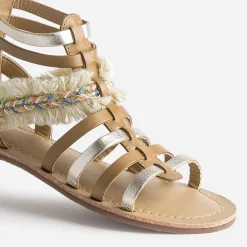 Sandale spartiate camel et doré en cuir avec galon frangé^Buggy Best