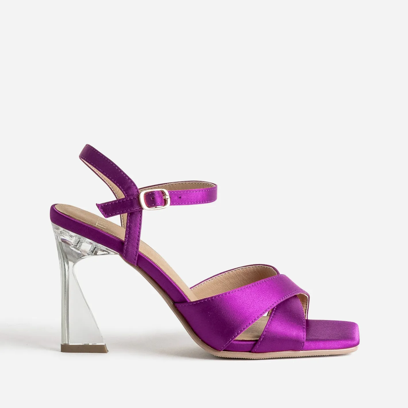 Sandale violine satiné à talon flare^Texto Sale