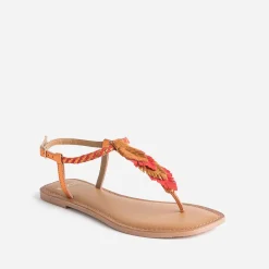 Sandale-tong orange en cuir à plumes^Texto Discount