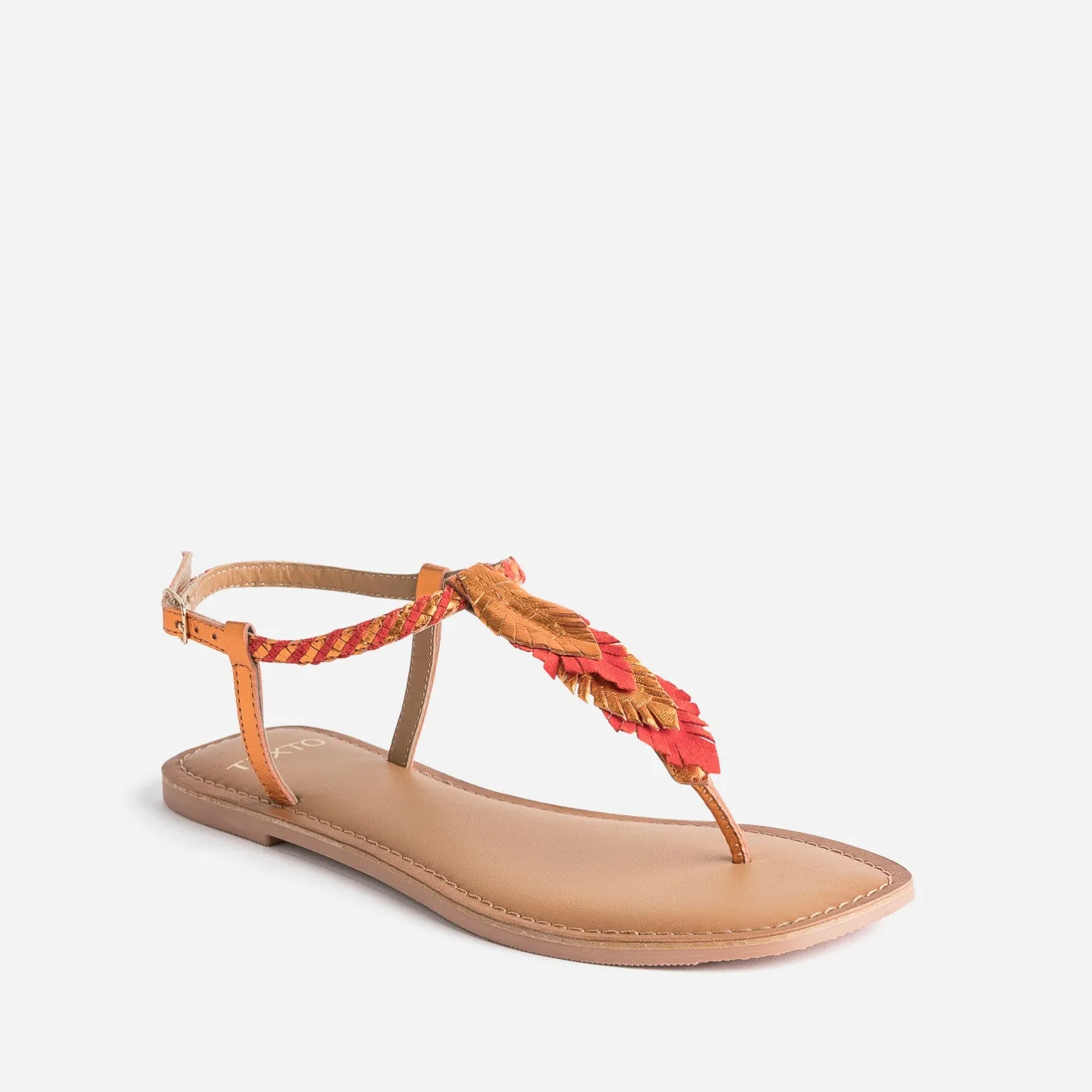 Sandale-tong orange en cuir à plumes^Texto Discount