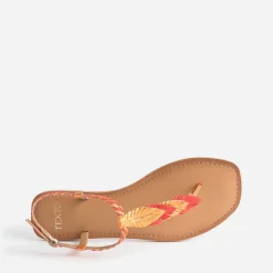 Sandale-tong orange en cuir à plumes^Texto Discount